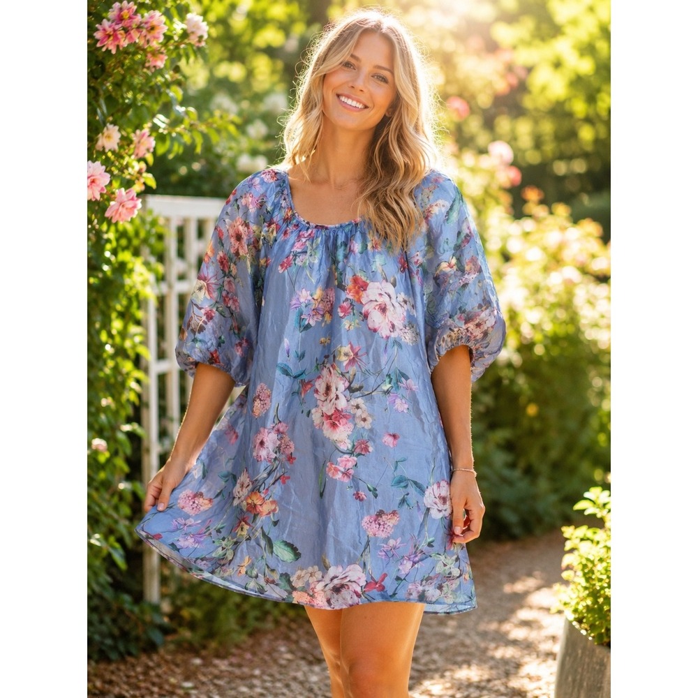 Bellambra Italy Silk Blend Blue Floral Puff Sleeve Mini Dress Tunic Small X5